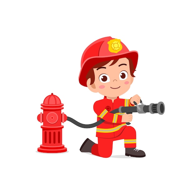 Happy cute little kid wearing firefighter uniform and holding hose