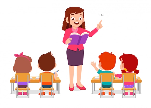 Happy cute little kids boy and girl study with teacher