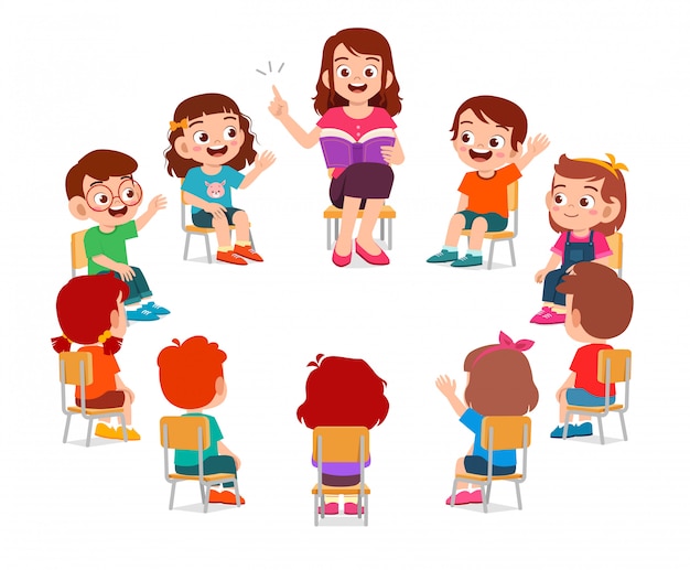 Vector happy cute little kids boy and girl study with teacher