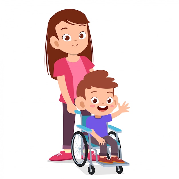 Happy cute mom and kid on wheelchair