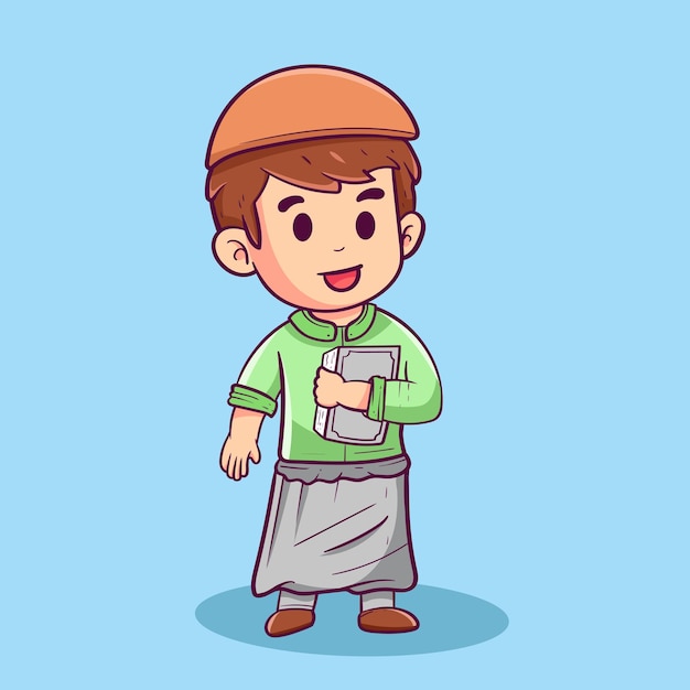 Vector happy cute muslim kid holding quran book islamic mascot icon concept flat cartoon style