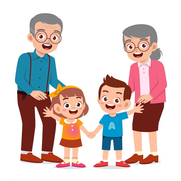 Happy cute old man and woman with family together