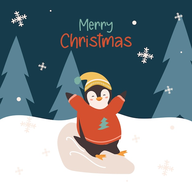 丘を転がる冬のセーターで幸せなかわいいペンギン