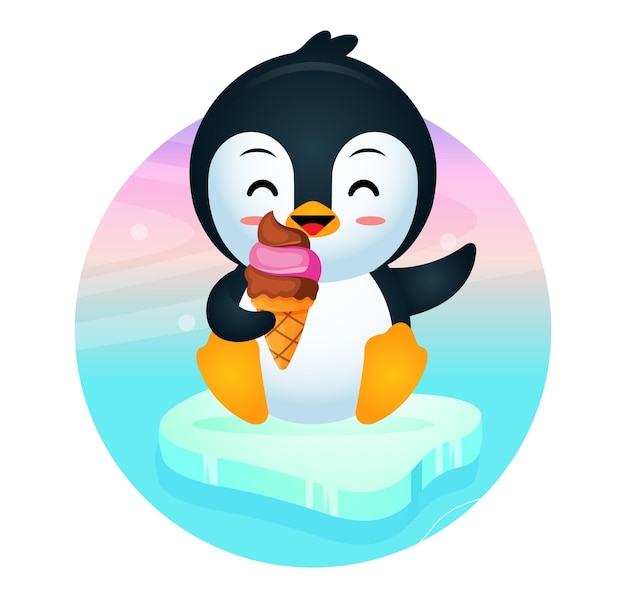 氷の上に座って幸せなかわいいペンギン アイスクリームを食べる