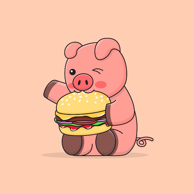 Happy cute piggy eating burger