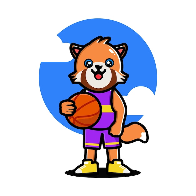 Happy cute red panda playing basketball