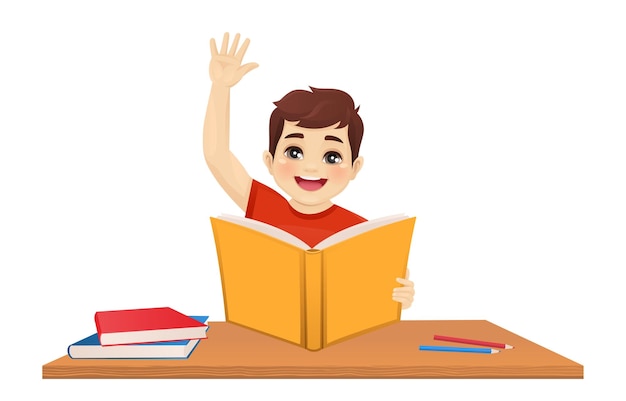 Happy cute school boy reading holding open book at the desk isolated vector illustration