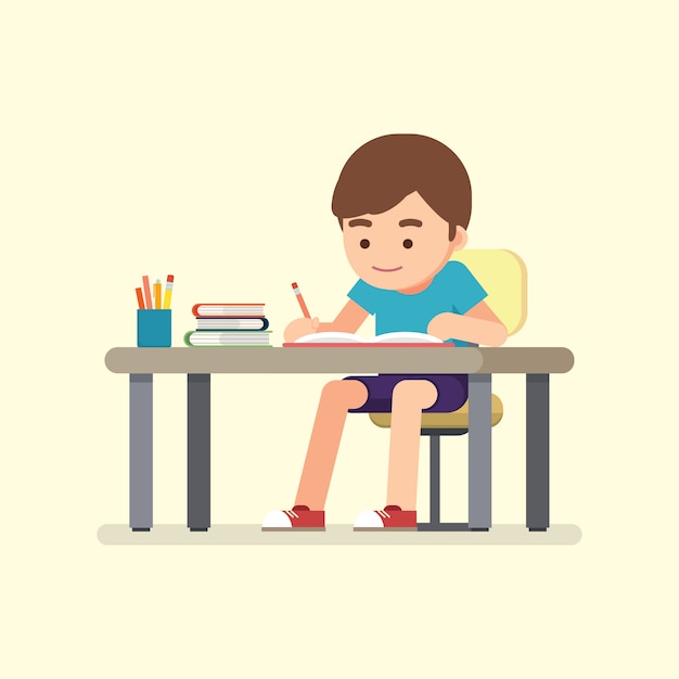 Vector happy cute school boy writing for homework, study concept, vector illustration.