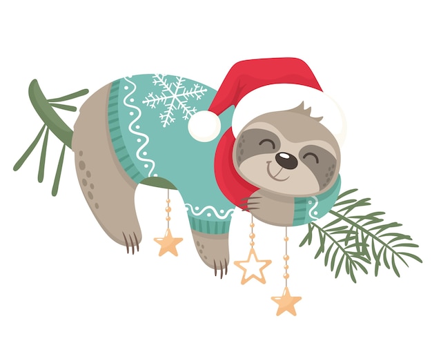 Happy and cute sloth for christmas holiday. merry christmas