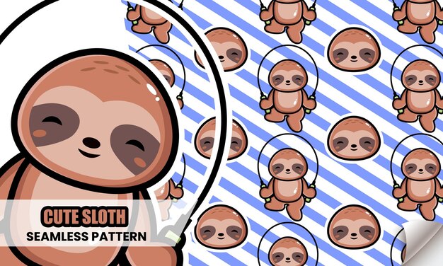 Happy cute sloth play jump rope seamless pattern