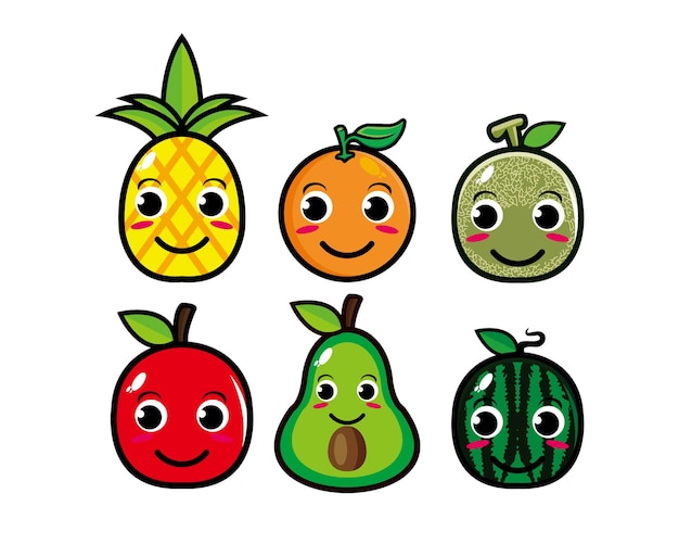 Happy cute smiling fruit face set vector flat kawaii cartoon character illustration collection