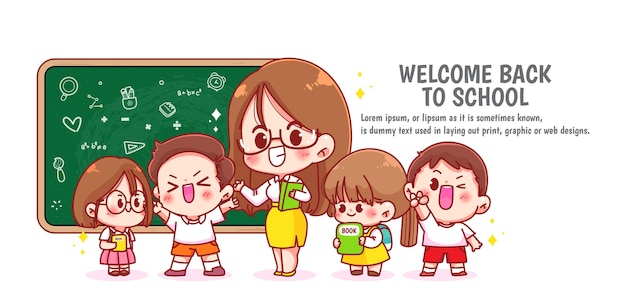 Happy cute teacher and students banner