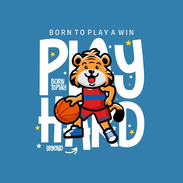 Felice carino tigre che gioca a basket tshirt design