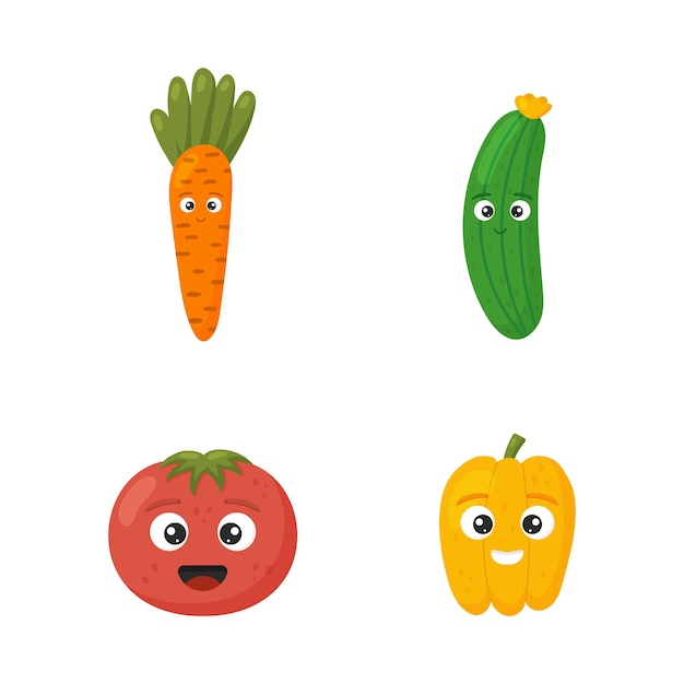 Felice carino pomodoro, cetriolo, pepe, carota per bambini in stile cartone animato isolato su priorità bassa bianca. set di caratteri divertenti verdure.