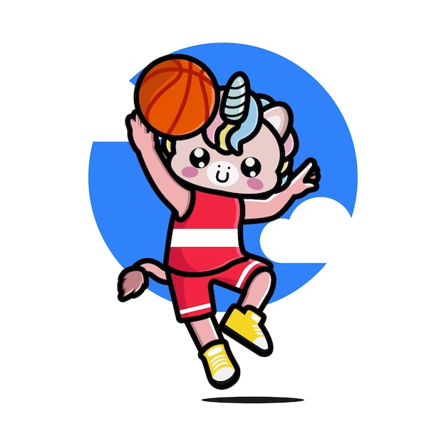 Vector happy cute unicorn playing basketball