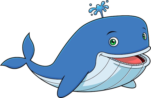 Happy Cute Whale Cartoon Character With Water Fountain Vector Hand Drawn Illustration