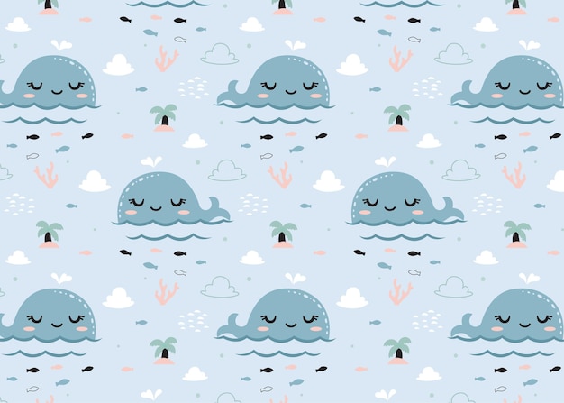 Happy cute whale pattern background