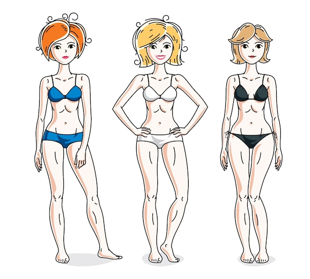 Vettore felice carino giovani donne in piedi indossando bikini colorati. insieme di vettore delle illustrazioni di belle persone. femmina snella con un corpo perfetto.