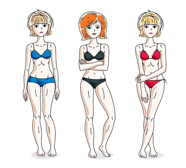 Happy cute young women standing wearing colorful bikini. Vector set of beautiful people illustrations.