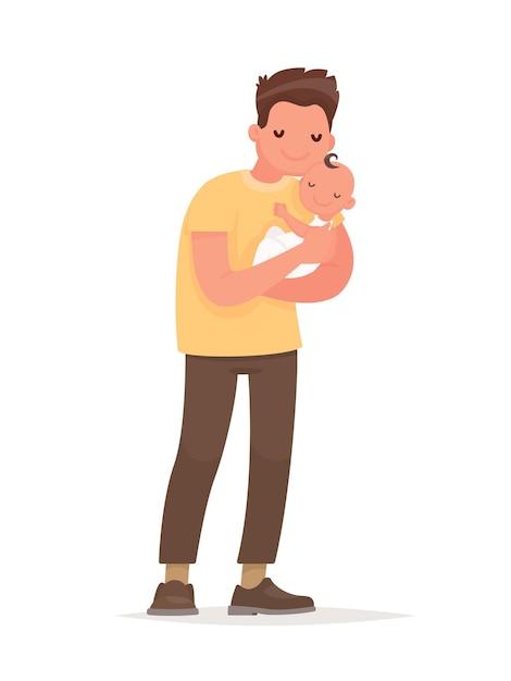 Happy dad holds baby in his arms. paternity. in flat style