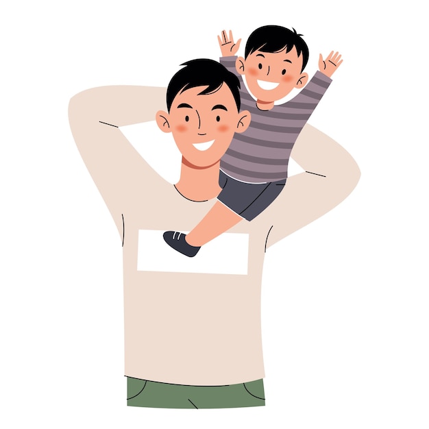 Happy dad is holding his little son on his shoulders.