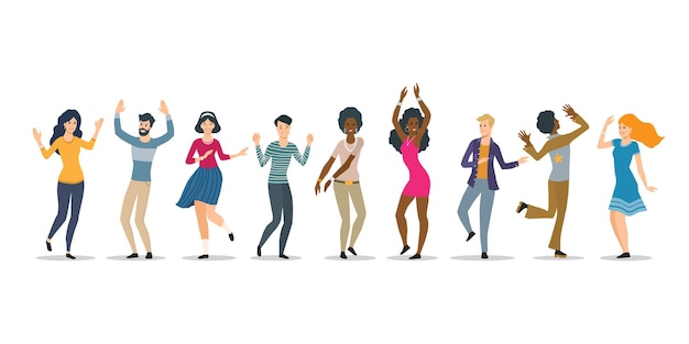 happy dancing people. beautiful female and male multiracial dancers. figures are isolated on white background. flat vector illustration