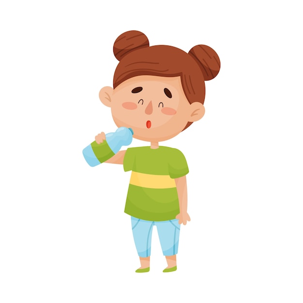 Vector happy darkhaired little girl standing and drinking water from plastic bottle vector illustration