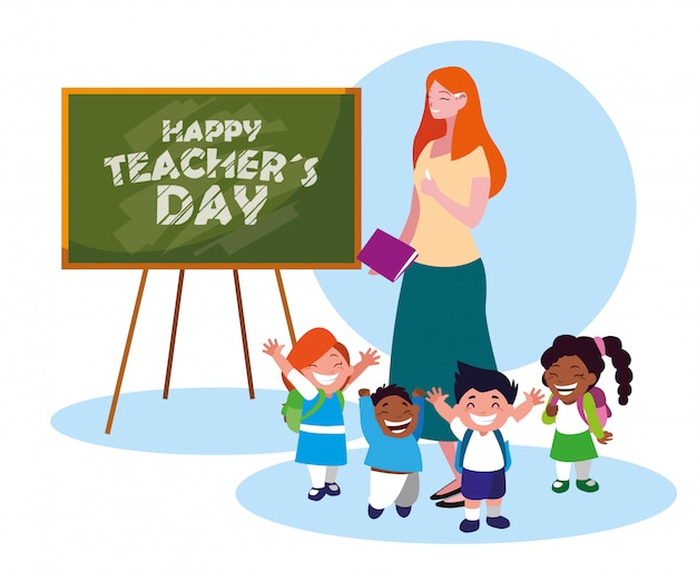 Vector happy day card with teacher female and students