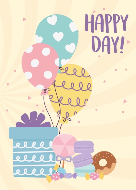 Happy day, gift balloons donut caramel biscuits cartoon  illustration