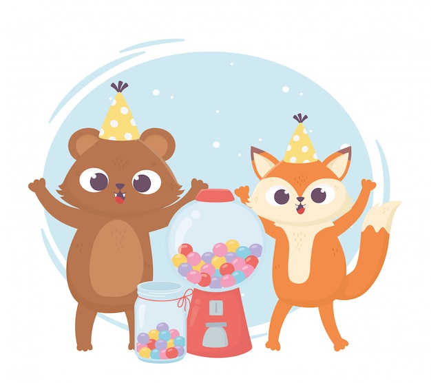 Vector happy day, little bear and fox with hat and sweet candies  illustration