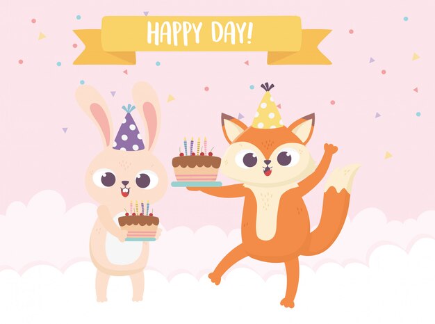 Vector happy day, little fox rabbit with cakes and balloons  illustration