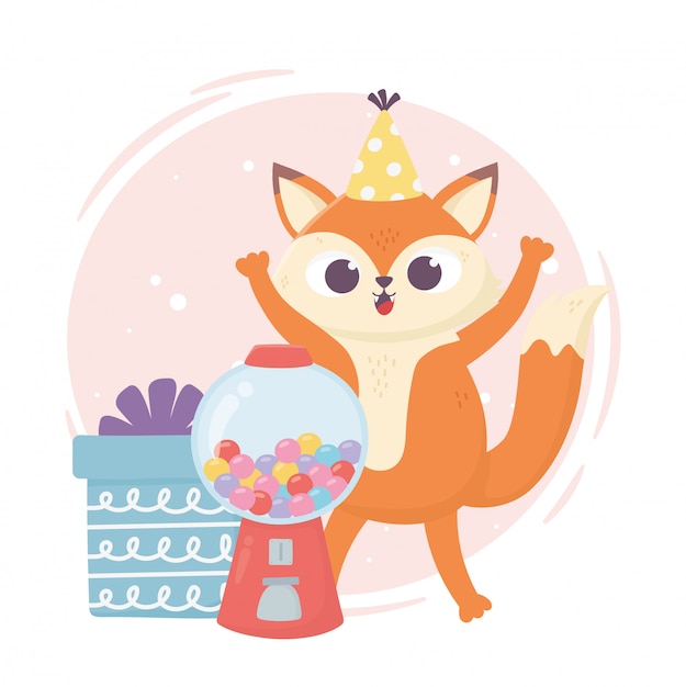 Happy day, little fox with gift box and candies  illustration