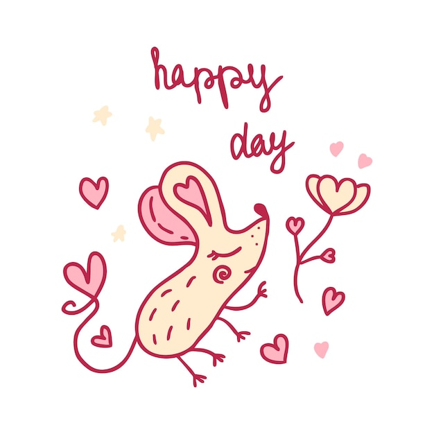 Лозунг "Счастливый день" с милым цветком мыши и сердечками Идеально подходит для футболки с наклейкой Векторная иллюстрация каракулей для декора и дизайна
