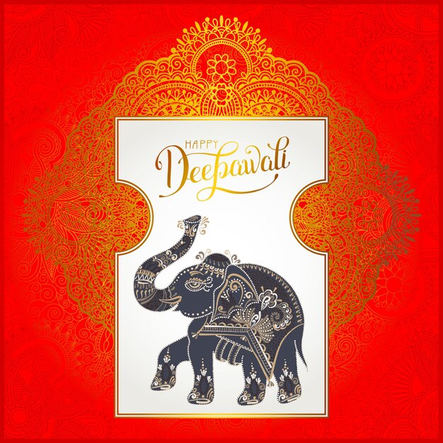 Vector happy deepawali greeting card with hand written inscription and elephant to indian light community