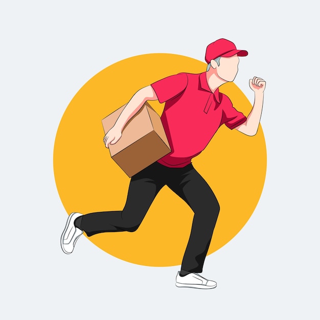 Vector happy delivery man in uniform running and holding parcel