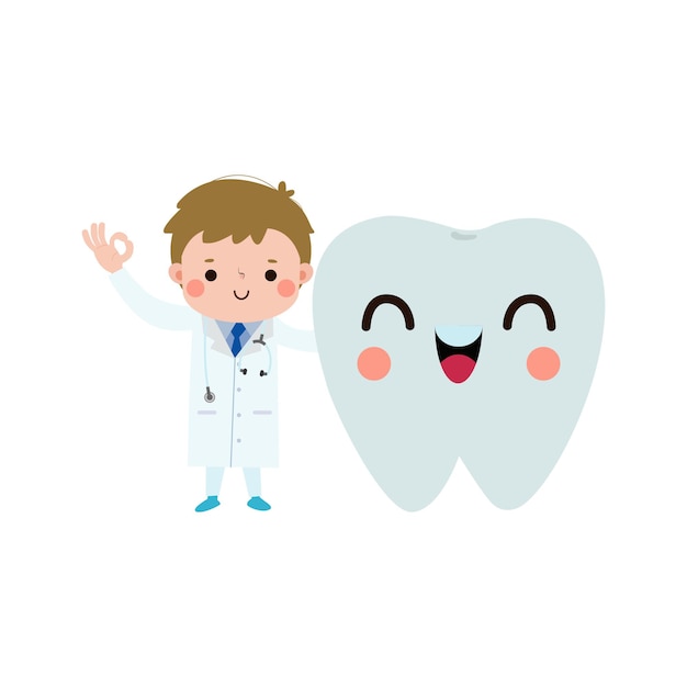 Happy Dentist with Tooth character Cute cartoon flat style vector illustration on white background