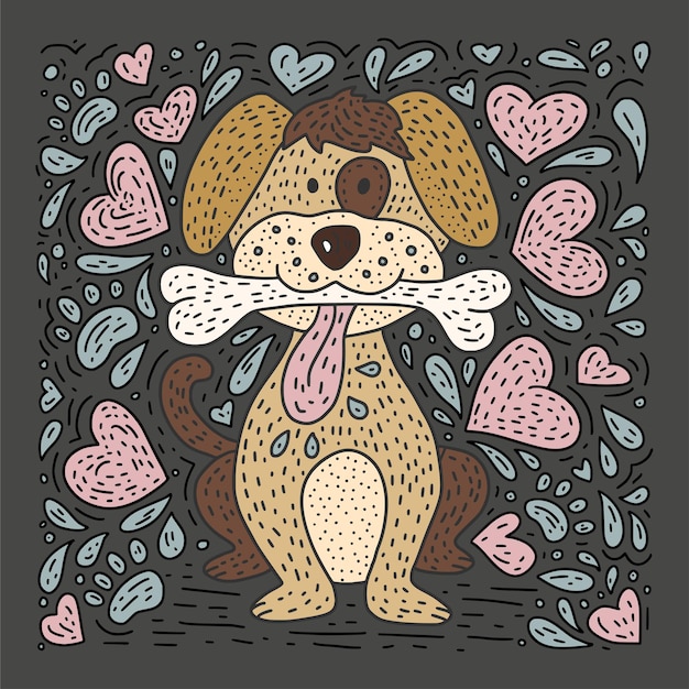 Счастливые подробные каракули, нарисованные вручную собакой с костью и сердцами