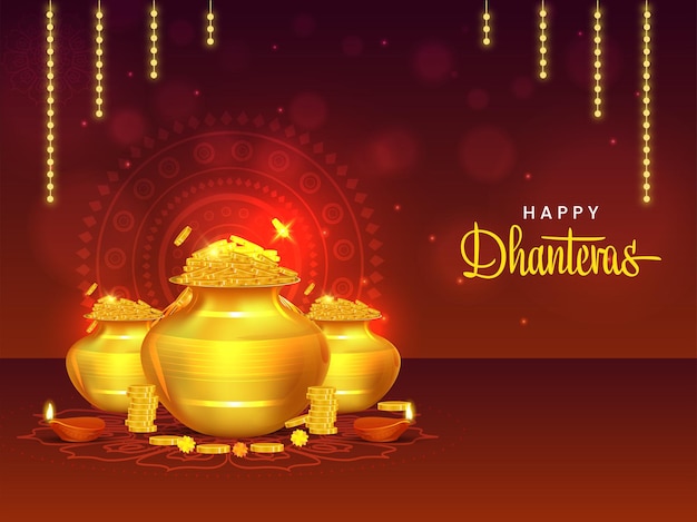 Happy Dhanteras Celebration Concept With Golden Coin Pots And Lit Oil Lamps (Diya) On Brown Light Effect Mandala Background.