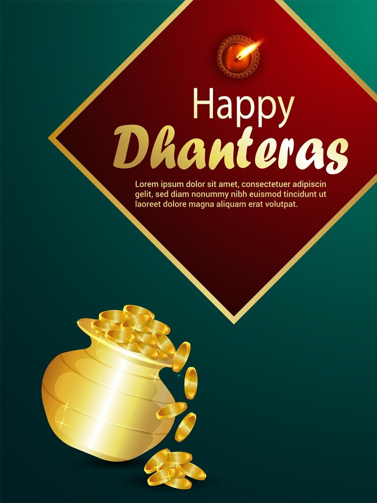 वेक्टर happy dhanteras celebration flyer with gold coin pot