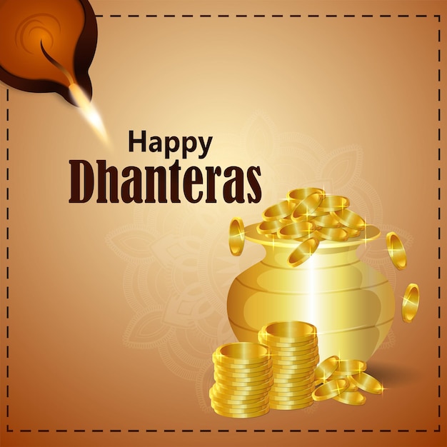 Volantino di celebrazione felice dhanteras con vaso di monete d'oro