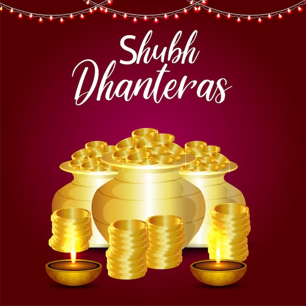 Cartolina d'auguri felice celebrazione dhanteras con vaso di monete d'oro creativo e kalash