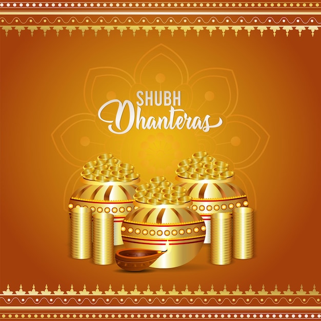 Vector happy dhanteras celebration greeting card with gold coin kalash