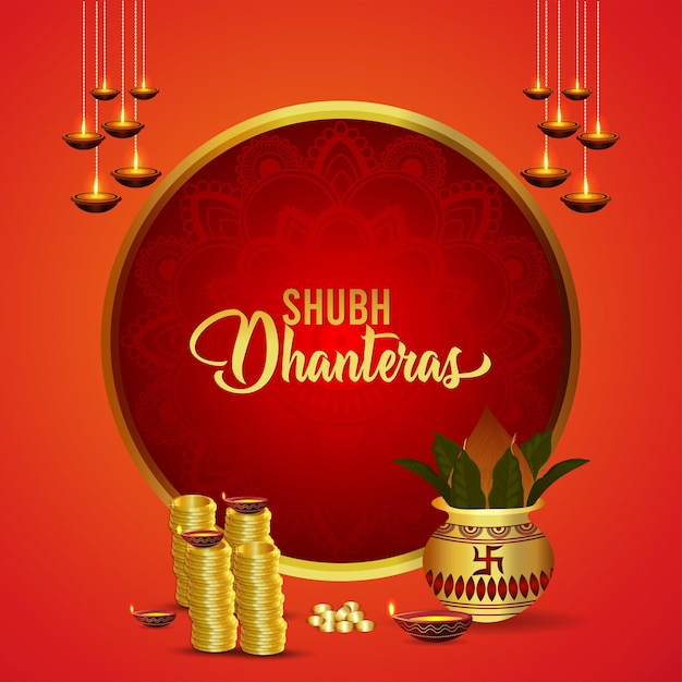 Vector happy dhanteras celebration greeting card with gold coin kalash