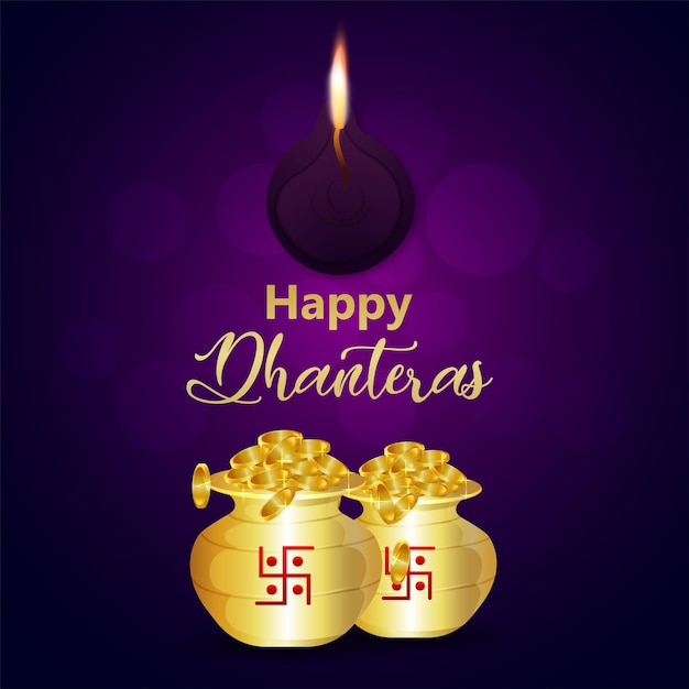 Vector happy dhanteras celebration greeting card with gold coin pot