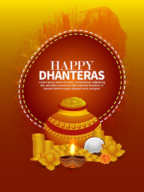 Vettore manifesto di celebrazione di dhanteras felice con pentola d'oro