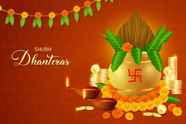 Happy Dhanteras, Diwali, Gold coin Kalash, goddess Laxmi puja, wealth, prosperity