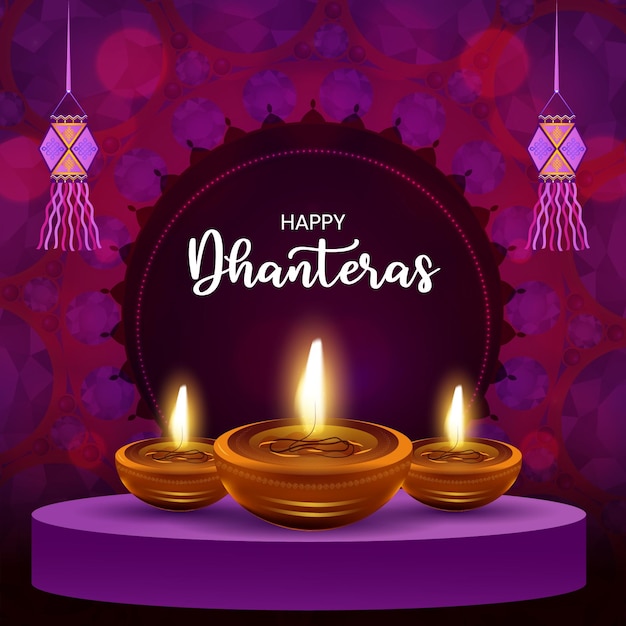 Happy Dhanteras and Diwali Indian festival of lights celebration on a purple background.