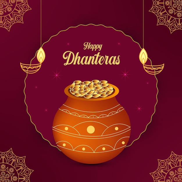 Happy dhanteras festival card with diya and gold coin pot