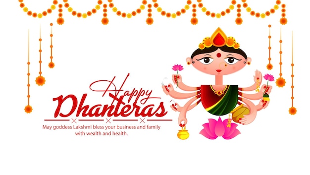 Золотая монета Happy Dhanteras на веб-странице, плакате и баннере лампы Kalash или Pot and Diya.