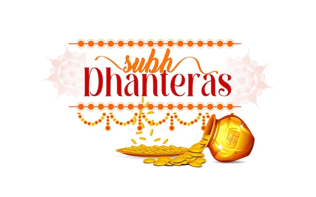 Золотая монета Happy Dhanteras на веб-странице, плакате и баннере лампы Kalash или Pot and Diya.